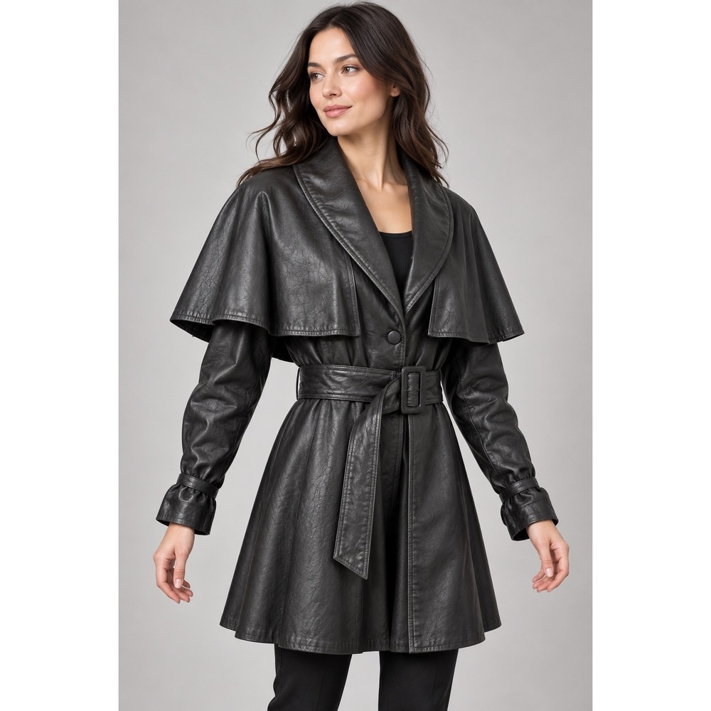Vintage G-III Black Genuine Leather Capelet Trench Coat Belted Made in USA L